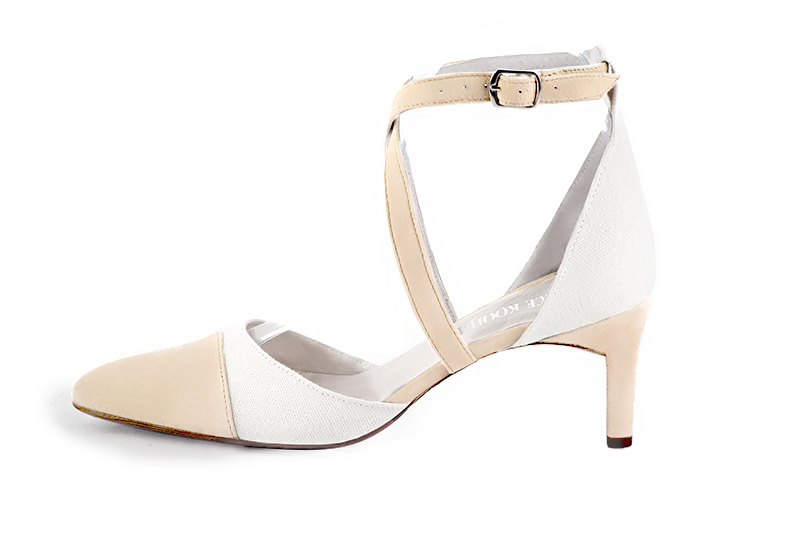 Champagne white women's open side shoes, with crossed straps. Tapered toe. Medium comma heels. Profile view - Florence KOOIJMAN